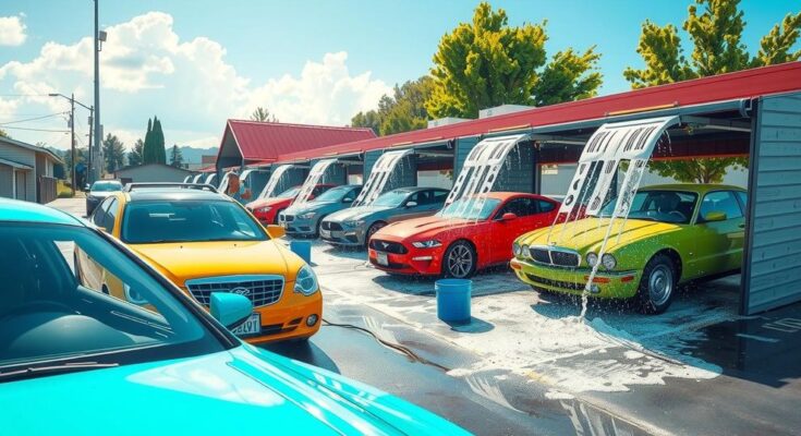 Komunitas berkumpul untuk membantu Pachuco dengan acara cuci mobil di latar belakang mobil berwarna cerah.