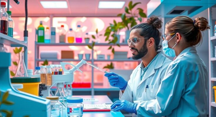 Ilustrasi lab riset dengan peralatan sains modern dan pemandangan alami, warna cerah dan harmoni.