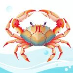 Kombinasi warna lembut dan elemen laut dengan simbol kepiting, menggambarkan sifat intuitif dan perhatian.