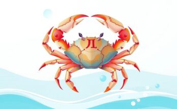 Kombinasi warna lembut dan elemen laut dengan simbol kepiting, menggambarkan sifat intuitif dan perhatian.