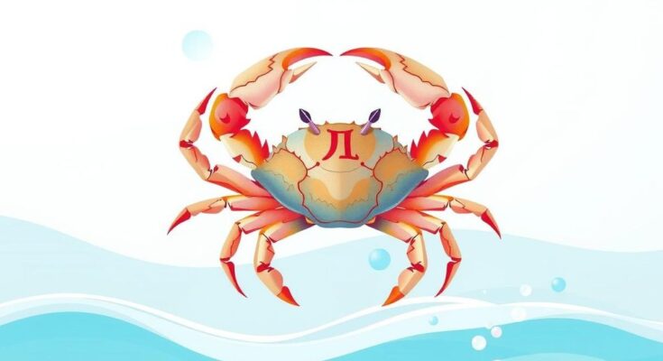 Kombinasi warna lembut dan elemen laut dengan simbol kepiting, menggambarkan sifat intuitif dan perhatian.
