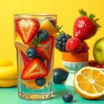 Gelas minuman dengan buah segar, latar belakang cerah, menyoroti gaya hidup sehat dan alternatif minuman tanpa alkohol.