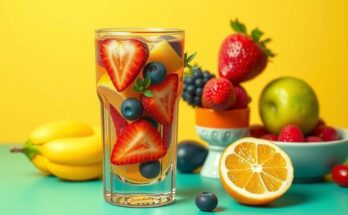 Gelas minuman dengan buah segar, latar belakang cerah, menyoroti gaya hidup sehat dan alternatif minuman tanpa alkohol.