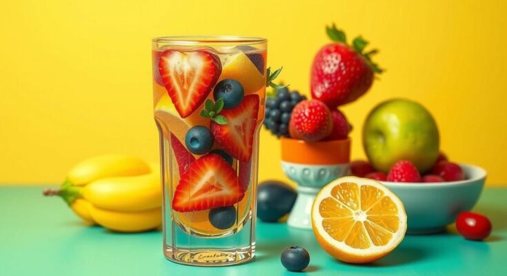 Gelas minuman dengan buah segar, latar belakang cerah, menyoroti gaya hidup sehat dan alternatif minuman tanpa alkohol.