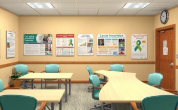 Rural community meeting focused on cancer prevention with charts and resources at a local center in Iowa.
