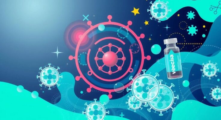 Vaksin NeoVax dengan desain inovatif, memfokuskan pada respons imun terhadap kanker dengan latar belakang simbolik.