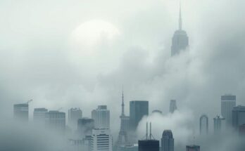 Ilustrasi polusi udara yang menciptakan efek berbahaya, dengan skyline kota yang tertutup kabut berwarna kelabu.