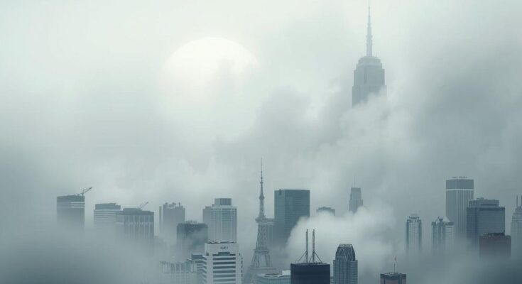 Ilustrasi polusi udara yang menciptakan efek berbahaya, dengan skyline kota yang tertutup kabut berwarna kelabu.