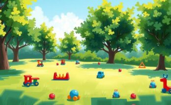 Ilustrasi anak bermain di taman dengan latar belakang langit biru cerah dan pohon hijau, mengekspresikan harapan.