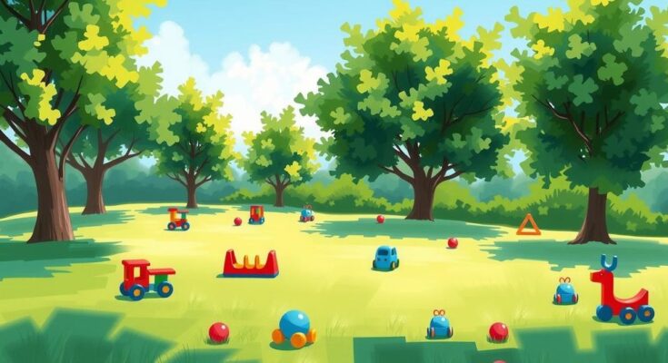 Ilustrasi anak bermain di taman dengan latar belakang langit biru cerah dan pohon hijau, mengekspresikan harapan.