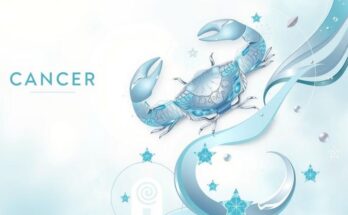 Kanker Zodiac horoscope dengan tema keuangan dan hubungan, nuansa warna lembut untuk menciptakan suasana tenang.