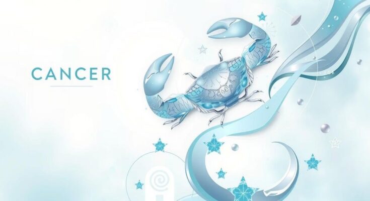 Kanker Zodiac horoscope dengan tema keuangan dan hubungan, nuansa warna lembut untuk menciptakan suasana tenang.