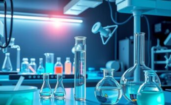 Pemandangan laboratorium penelitian kanker dengan peralatan modern dan bahan kimia, menunjukkan penelitian dan inovasi di bidang kanker.