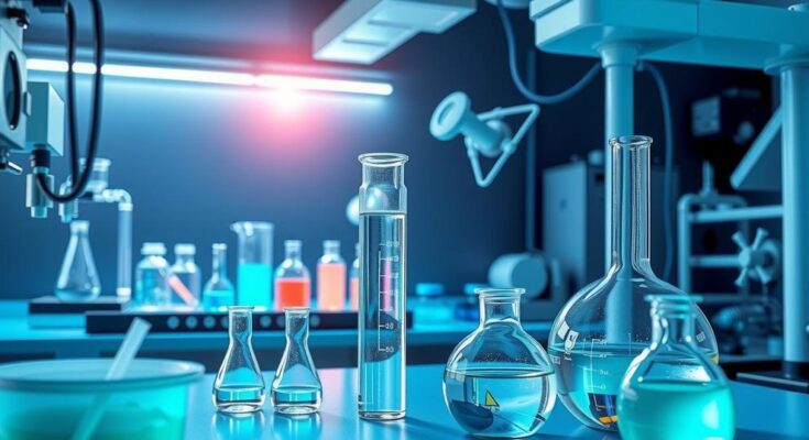 Pemandangan laboratorium penelitian kanker dengan peralatan modern dan bahan kimia, menunjukkan penelitian dan inovasi di bidang kanker.