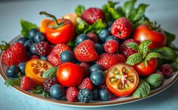 Piring berisi buah berwarna-warni kaya antioksidan seperti berry, tomat, dan sayuran hijau mengundang kehidupan sehat.