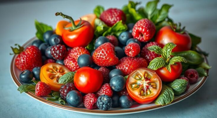Piring berisi buah berwarna-warni kaya antioksidan seperti berry, tomat, dan sayuran hijau mengundang kehidupan sehat.
