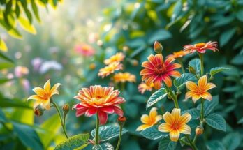 Botanical garden with lush green plants and vibrant flowers, set in a serene mood, showcasing nature's beauty.