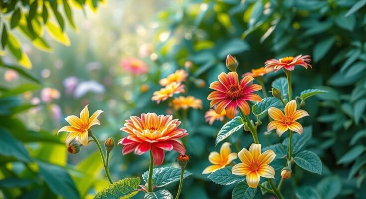 Botanical garden with lush green plants and vibrant flowers, set in a serene mood, showcasing nature's beauty.