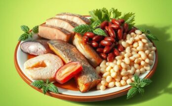 Piring berisi berbagai sumber protein sehat seperti ikan, ayam, dan kacang-kacangan di latar belakang hijau segar.