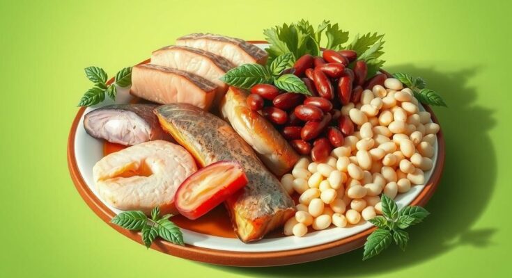 Piring berisi berbagai sumber protein sehat seperti ikan, ayam, dan kacang-kacangan di latar belakang hijau segar.