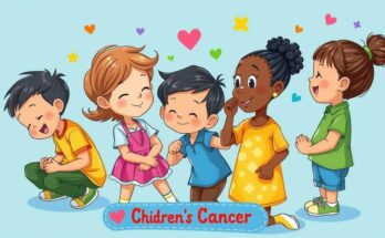 Grafis anak-anak berjuang melawan kanker dengan dukungan medis, warna cerah dan gambar simbolis di latar belakang.