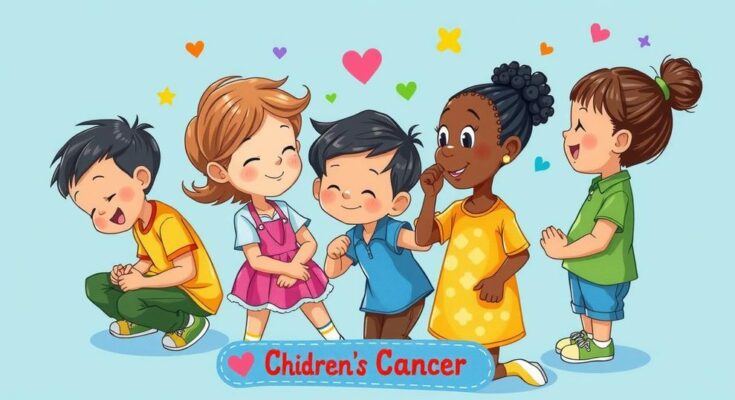 Grafis anak-anak berjuang melawan kanker dengan dukungan medis, warna cerah dan gambar simbolis di latar belakang.