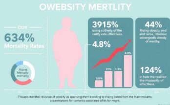 Grafis infografis menunjukkan peningkatan angka kematian terkait obesitas dengan latar belakang yang cerah dan warna lembut.