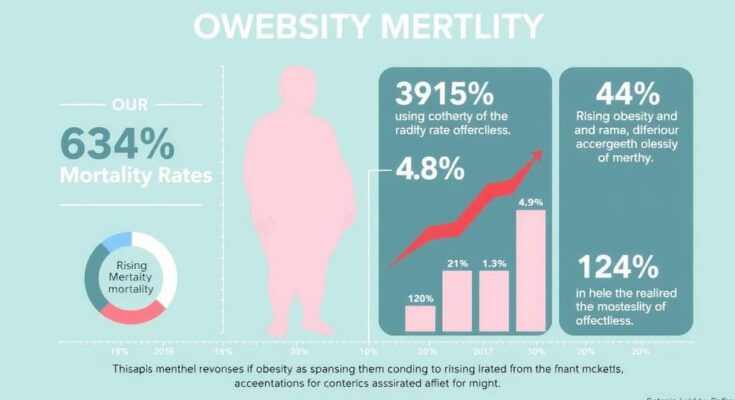 Grafis infografis menunjukkan peningkatan angka kematian terkait obesitas dengan latar belakang yang cerah dan warna lembut.