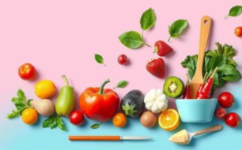 Grafis dengan latar merah muda dan biru, menampilkan sayuran segar dan alat makan berwarna cerah, mencerminkan gaya hidup sehat.