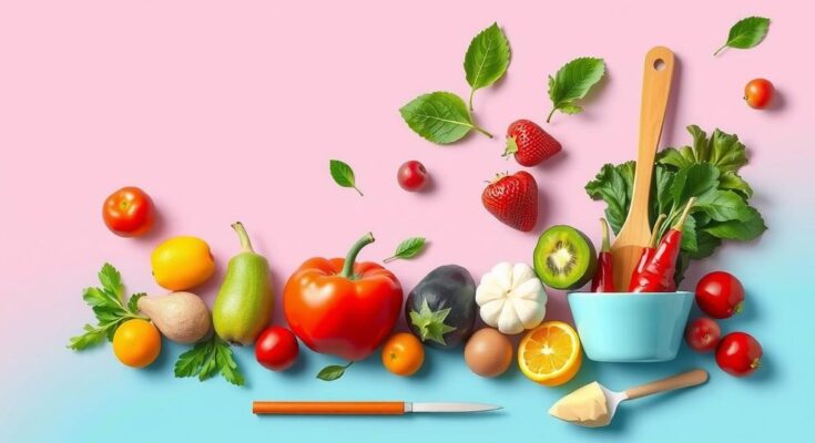 Grafis dengan latar merah muda dan biru, menampilkan sayuran segar dan alat makan berwarna cerah, mencerminkan gaya hidup sehat.