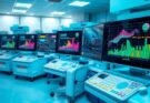 Laboratory scene with advanced sequencing equipment and colorful analytical graphs showcasing cancer research.