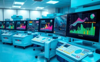 Laboratory scene with advanced sequencing equipment and colorful analytical graphs showcasing cancer research.