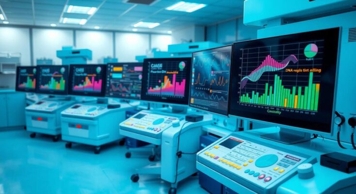 Laboratory scene with advanced sequencing equipment and colorful analytical graphs showcasing cancer research.