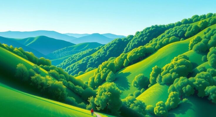 Kawasan Appalachian dengan latar pegunungan hijau dan langit cerah, melambangkan kesehatan dan pentingnya vaksin.