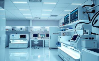 Laboratory with advanced technology for cancer sequencing, showing equipment and vibrant, modern workspace.