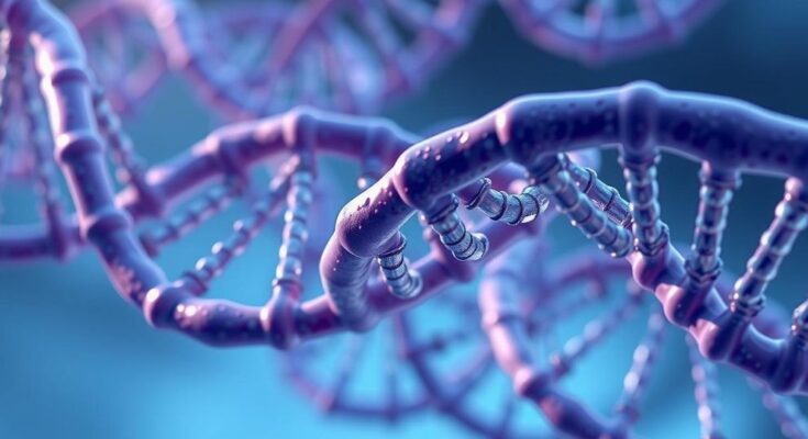 Ilustrasi struktur DNA berbentuk simpul dengan efek visual canggih, dominasi warna biru dan ungu.