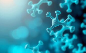 Ilustrasi penelitian molekuler dengan bokeh lembut, warna biru dan hijau, menampilkan struktur protein dan reseptor.