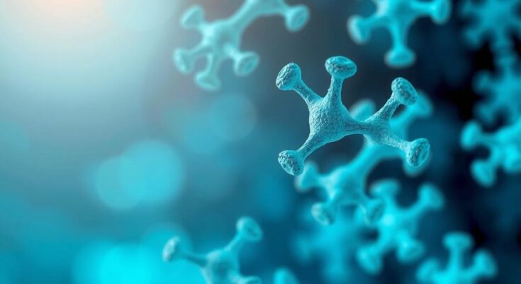 Ilustrasi penelitian molekuler dengan bokeh lembut, warna biru dan hijau, menampilkan struktur protein dan reseptor.