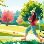 Ilustrasi gaya hidup sehat, olahraga, dan kesehatan kolorektal dengan warna ceria dan penuh semangat.