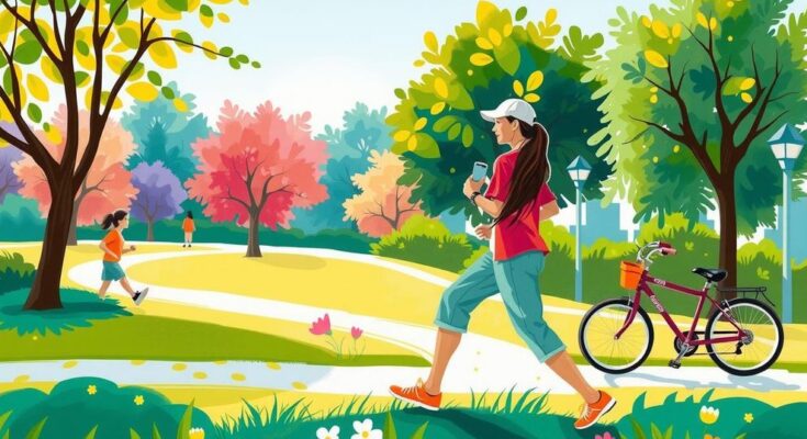 Ilustrasi gaya hidup sehat, olahraga, dan kesehatan kolorektal dengan warna ceria dan penuh semangat.