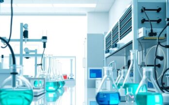 Ilustrasi penelitian ilmiah dengan latar belakang laboratorium modern dan peralatan bioteknologi.