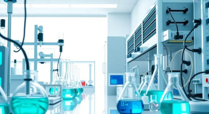 Ilustrasi penelitian ilmiah dengan latar belakang laboratorium modern dan peralatan bioteknologi.