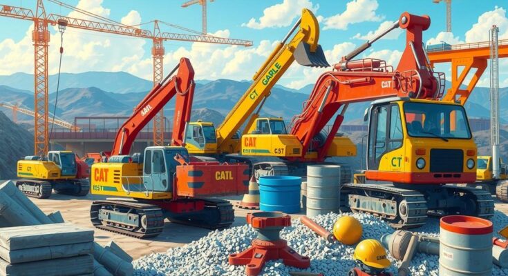 Lanskap perusahaan konstruksi dengan alat berat berwarna cerah dan alat kerja di lokasi industri.