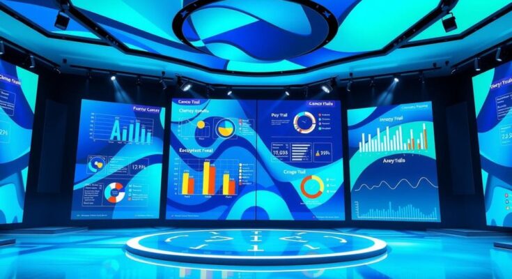 Forum virtual tentang inovasi dalam penelitian kanker dengan nuansa modern.