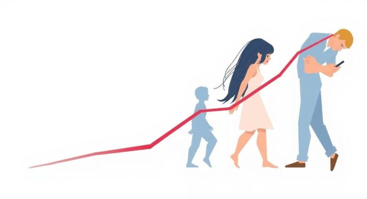 Ilustrasi grafik visual generasi muda berkontribusi pada tren peningkatan kanker, menggunakan skema warna lembut.