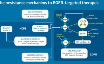 Diagram showing resistance mechanisms in EGFR-targeted therapies with molecular structures and pathways.