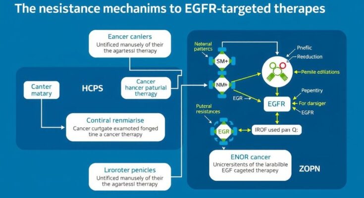 Diagram showing resistance mechanisms in EGFR-targeted therapies with molecular structures and pathways.