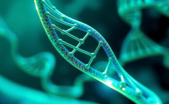 Ilustrasi genetika dengan struktur DNA berwarna hijau dan biru, menggambarkan penemuan mutasi gen yang unik pada manusia.