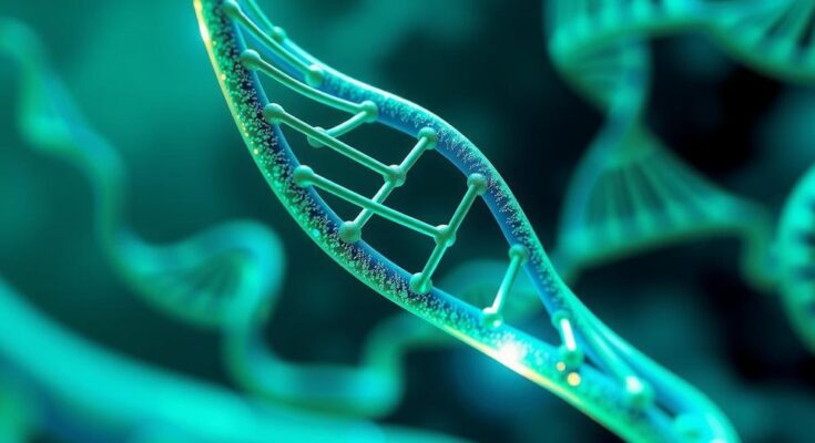 Ilustrasi genetika dengan struktur DNA berwarna hijau dan biru, menggambarkan penemuan mutasi gen yang unik pada manusia.