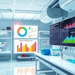 Ruang laboratorium penelitian dengan peralatan modern dan hasil analisis dalam latar belakang yang cerah.